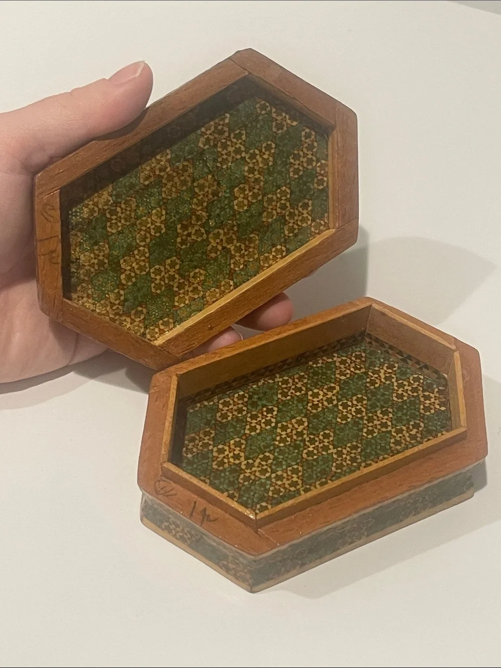Vintage Hexagonal Decorative wooden Trinket Box Green & Blue